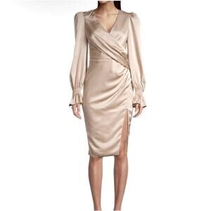 Lavish Alice Champagne Satin Balloon Sleeve Wrap Midi Dress Women's Sz 8 NEW